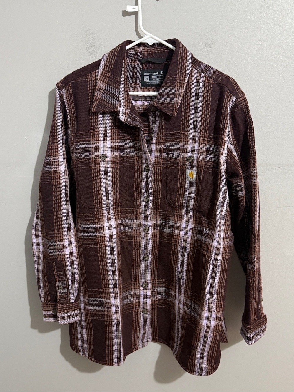 Carhartt Womens XL Flannel Shirt Brown Plaid Button Front Workwear Cotton